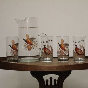 Set of 5 West Virginia Glass Vintage Pheasants In Flight 4 Glasses & 1 Pitcher